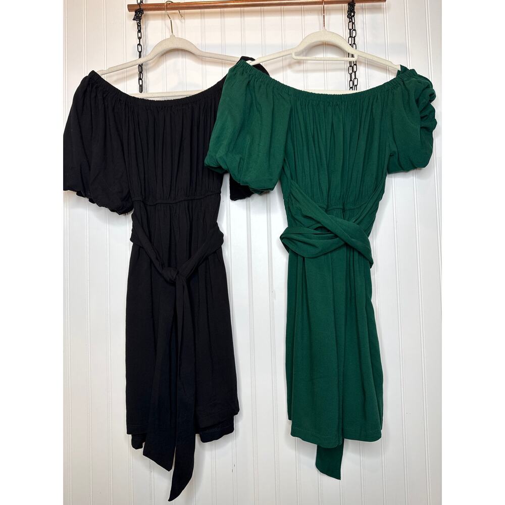 NEW Amazon LOT OF 2 Dresses - Green & Black Smocked Off Shoulder Mini Bundle L